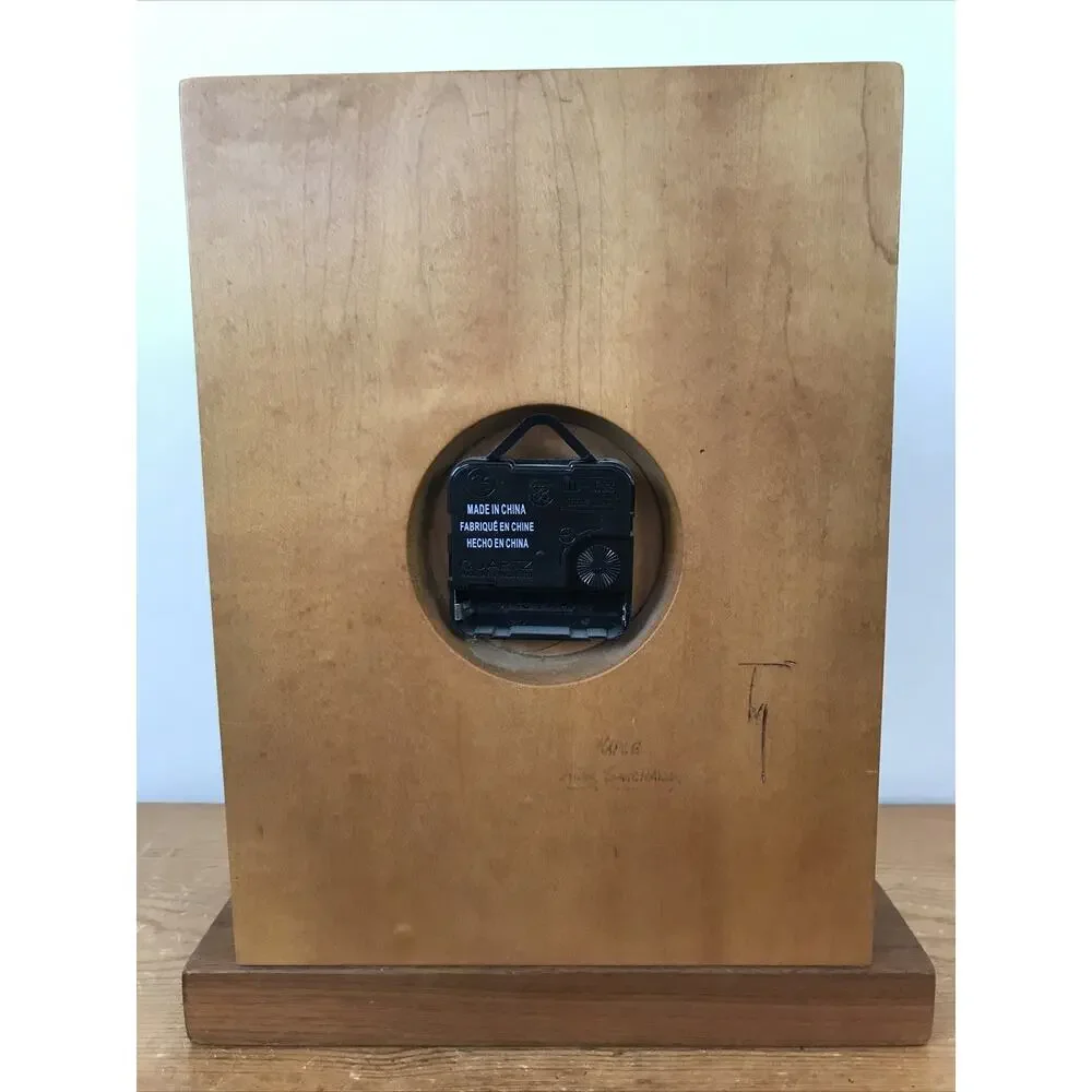 Vtg Mid Century Modern Handmade Handcarved Solid Wooden Wood Maple Brass Clock